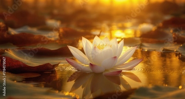 Fototapeta A tranquil water lily floats on a calm pond, illuminated by golden hour light