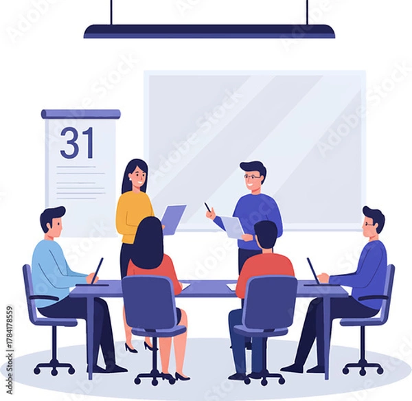 Obraz Illustrated Business Meeting with Presenters and Attendees Around Table.