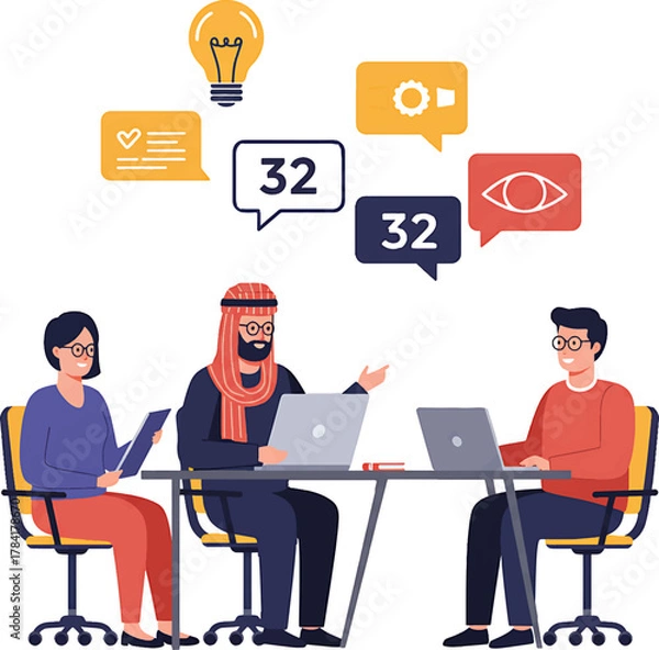 Obraz Diverse Team Collaboration with Laptops and Idea Generation Symbols.