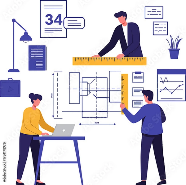Obraz Architects Collaborating on Blueprint with Ruler and Laptop Vector Illustration.
