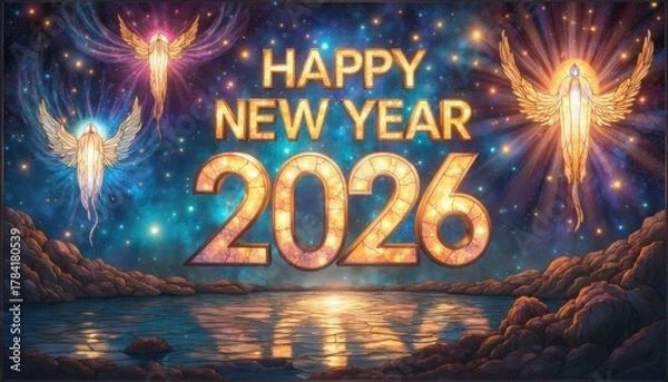 Obraz Angelic New Year 2026 Cosmic Celebration with Starlight Lake image photo