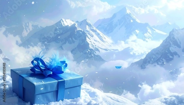 Fototapeta A blue gift box with a bow on top in a snowy mountain landscape