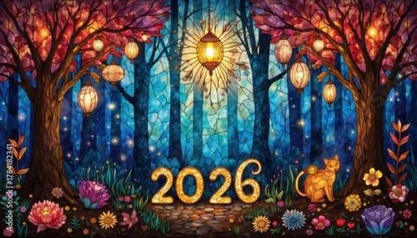 Obraz Enchanted Forest Happy New Year 2026 Stained Glass Trees image photo