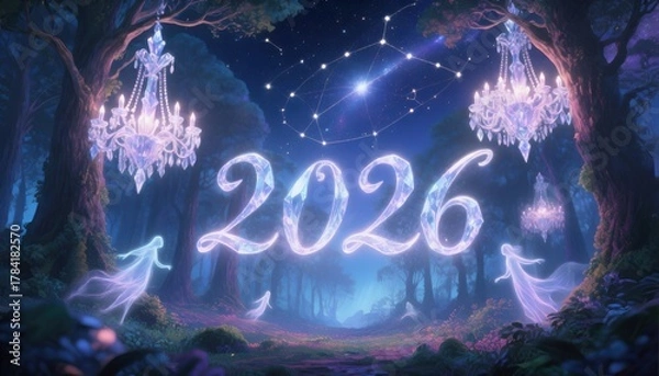 Obraz Enchanted Forest with Crystal Chandeliers and Spirits for 2026 new year magic