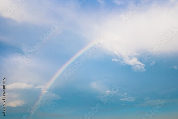Fototapeta Beautiful summer time blue sky and white cloud between rainbow. Nature background with copy space.