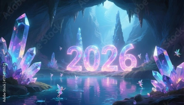 Obraz Magical Crystal Cave New Year 2026 with Fairies and Glimmering Water image photo