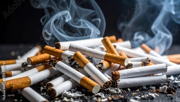 Obraz A close-up image of discarded cigarettes with smoke rising, highlighting the impact of smoking and waste.