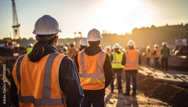 Obraz A group of construction workers in safety gear observe a project site during sunset, highlighting teamwork and safety in the industry.