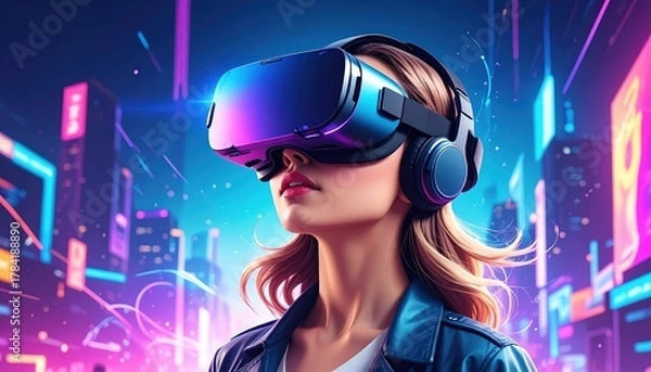 Obraz A woman wears a VR headset, immersed in a vibrant digital cityscape filled with neon lights and futuristic elements.