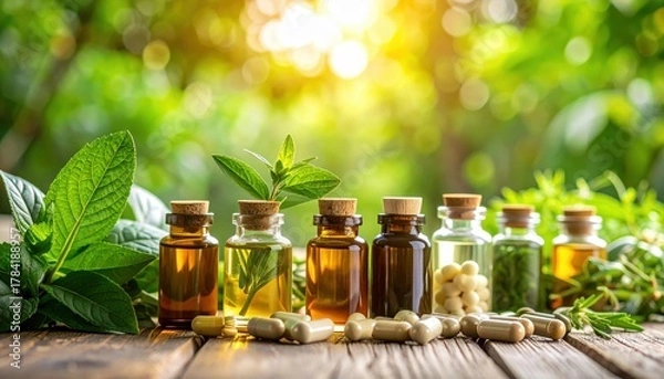 Fototapeta A collection of herbal oils and supplements displayed with green leaves, set against a bright, natural background.