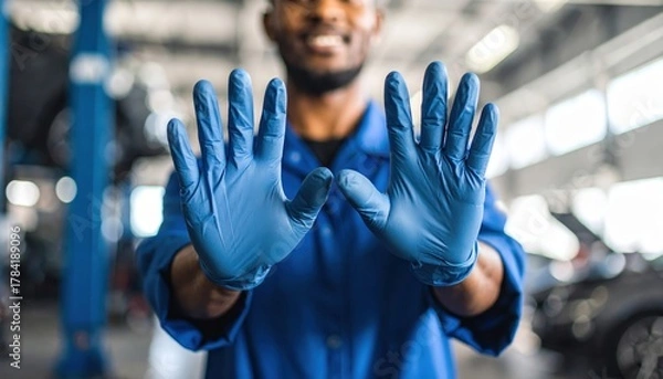 Obraz A smiling mechanic displays blue gloves, indicating readiness for work in an automotive environment.