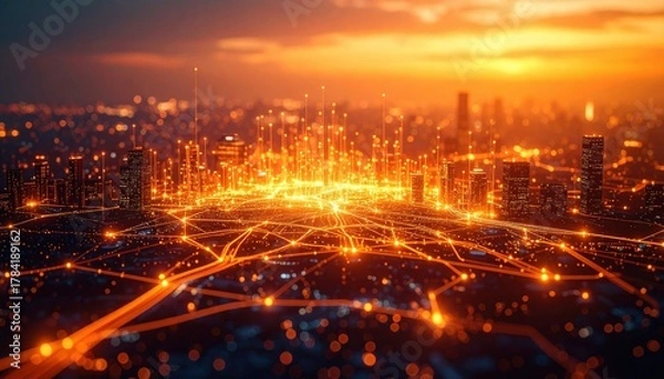 Fototapeta A vibrant city skyline at sunset, illuminated by interconnected lines of light, showcasing a futuristic urban landscape.