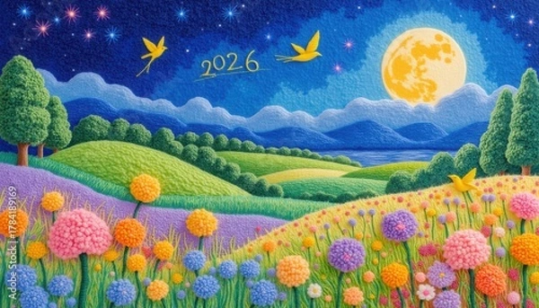 Obraz Whimsical 2026 landscape with rolling hills and colorful flowers under moonlit sky