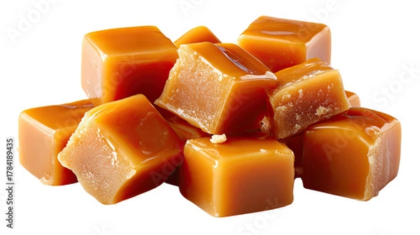 Fototapeta Golden Caramel Delights: A close-up shot captures the glistening perfection of a pile of golden caramel cubes, inviting viewers to savor the rich, buttery, and sweet allure of these delightful treats.