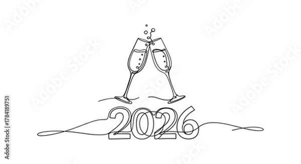 Fototapeta Minimalist line art of champagne glasses toasting above the year 2026 celebration