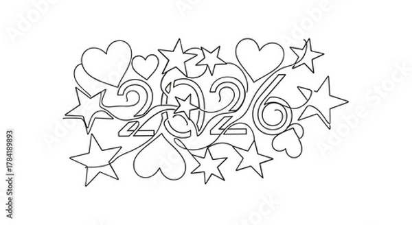 Fototapeta Decorative outline of the year 2026 surrounded by stars and hearts in a whimsical style
