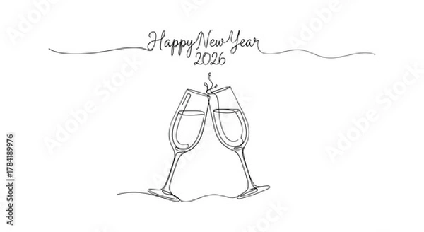 Fototapeta Elegant line art drawing of a wedding dress with happy wedding day calligraphy