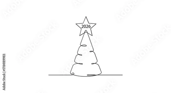 Fototapeta Minimalist outline drawing of a christmas tree with a star on top on a white background