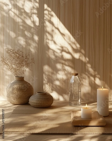 Fototapeta stylized wellness concept with minimal yoga mat, candle, and water bottle in gentle warm hues