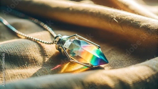Fototapeta A dual colored crystal pendant reflecting faint rainbow flares handmade silver wrapping lying on cotton cloth gentle sunlight crisp yet dreamy focus artistic simplicity