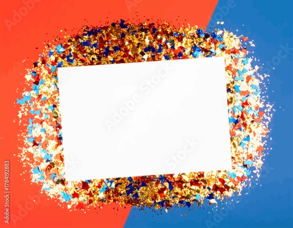 Fototapeta Blank White Card Surrounded by Colorful Glitter on Red and Blue Background.