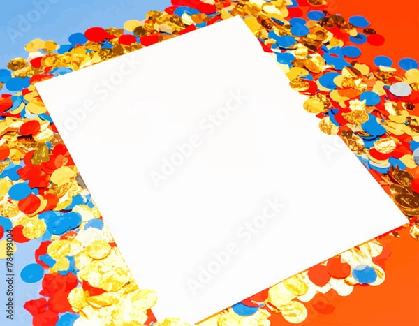 Fototapeta Blank White Paper Surrounded by Colorful Confetti.