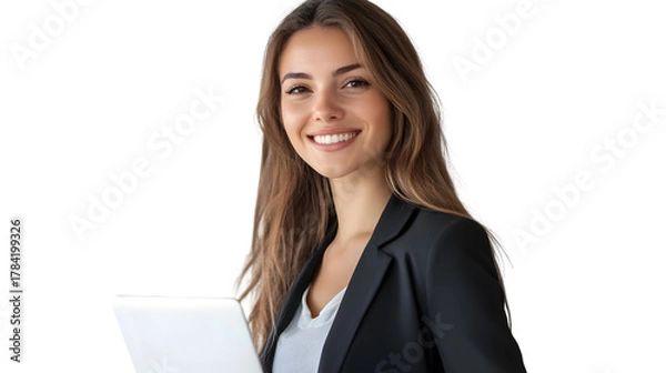 Obraz Portrait of a smiling woman in a blazer holding a laptop against a dark background in studio shot