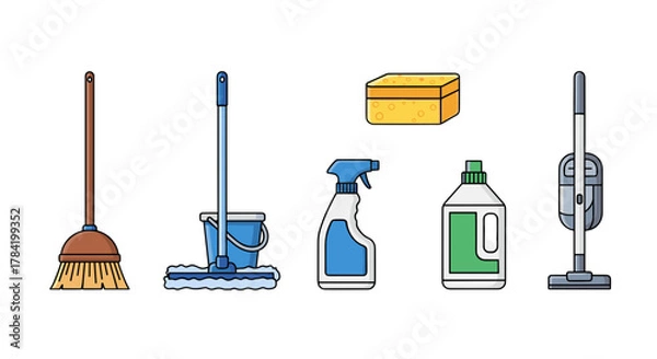 Obraz Collection of cleaning tools and supplies including mop bucket spray bottle and vacuum cleaner isolated on black background