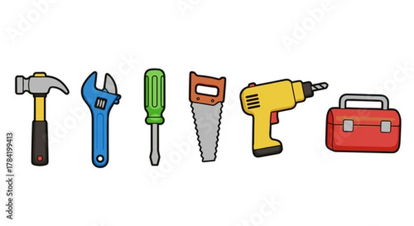 Fototapeta Collection of common tools for home repair and construction projects isolated on black background