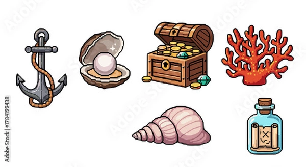 Fototapeta Pixel Art Ocean Treasures Icon Set Featuring Anchor Shell Treasure Chest Coral Seashell and Message in a Bottle Isolated on Black Background