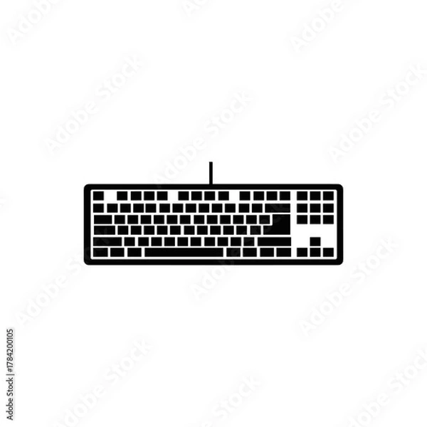 Obraz Top-down view of a black computer keyboard with a wire extending from the top.