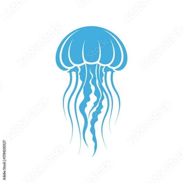 Obraz A detailed illustration of a blue jellyfish, showcasing its bell and trailing tentacles, isolated on white.
