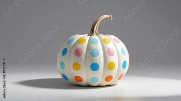 Fototapeta A white pumpkin with colorful polka dots on a surface
