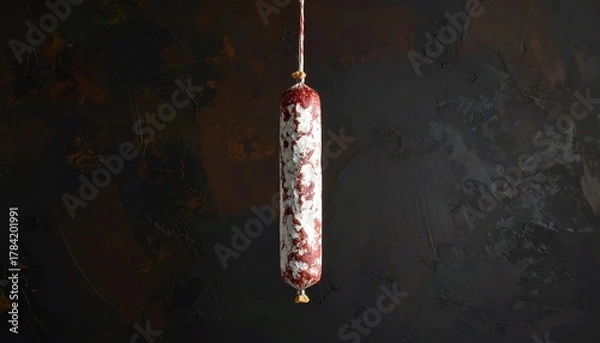 Fototapeta Close-up of a hanging salami, showcasing texture, on dark rustic background