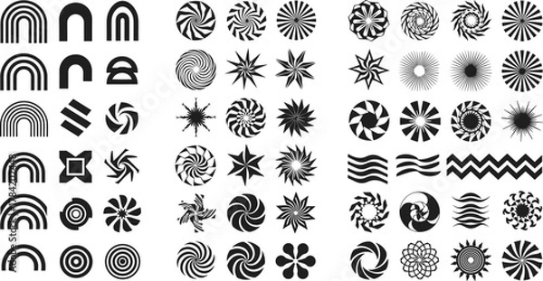 Fototapeta Abstract symbols, geometric shapes, optical illusions, black and white design, spiral patterns, concentric circles, stylized waves, modern minimal art, visual aesthetics, creative icons