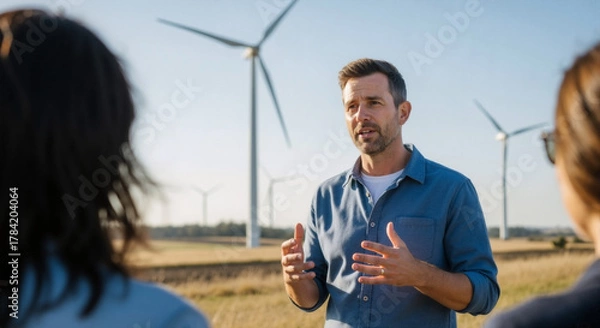 Fototapeta Wind farm scene: professional engineer talking about renewable energy, sustainable tech, turbines in background