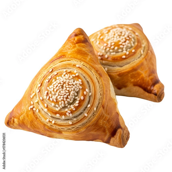 Obraz Triangle pastry with sesame seeds, white background isolated