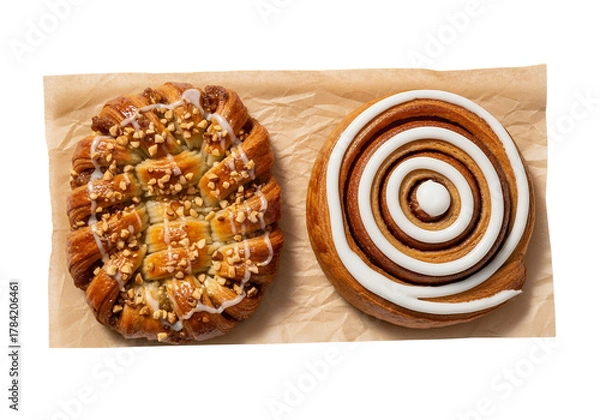 Obraz Fresh baked round bun with raisins and with cinnamon on brown plastic, a delicious sweet dessert pastry