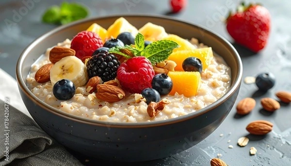 Fototapeta Delicious and Healthy Oatmeal Bowl with Fresh Fruits and Nuts for Breakfast