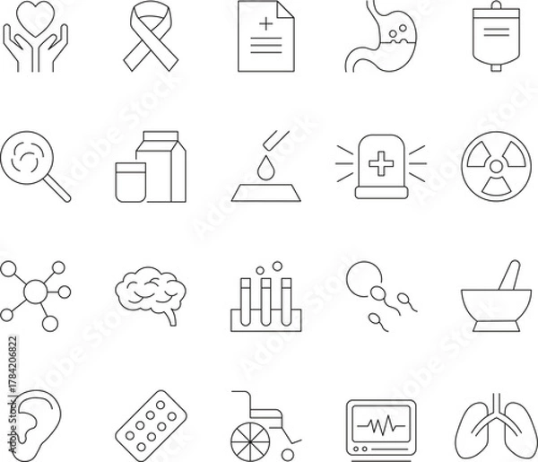 Fototapeta Modern healthcare line icons set featuring medical symbols for hospitals clinics and wellness with editable stroke for flexible design applications