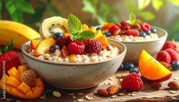 Obraz Delicious and Healthy Oatmeal Bowls with Fresh Fruits for Breakfast or a Snack