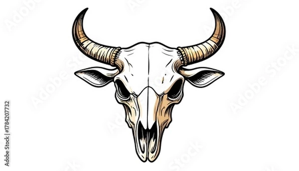 Fototapeta Detailed Illustration of a Bull Skull with Horns, Isolated on a White Background