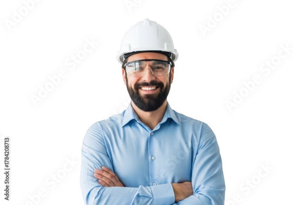 Fototapeta A smiling construction worker wearing a white hard hat and safety glasses with arms crossed isolated on transparent background