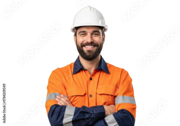 Fototapeta Smiling construction worker wearing a white hard hat and high visibility orange safety jacket with arms crossed isolated on transparent background