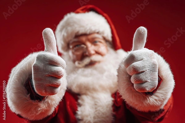Fototapeta Santa Claus giving thumbs up against a red background