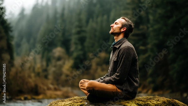 Fototapeta Man meditates peacefully in nature, embracing tranquility and a digital detox away from distractions