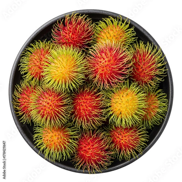 Obraz An overhead, close-up studio shot of a dark gray or black round bowl, possibly ceramic or stoneware, filled with a vibrant assortment of fresh rambutan fruits