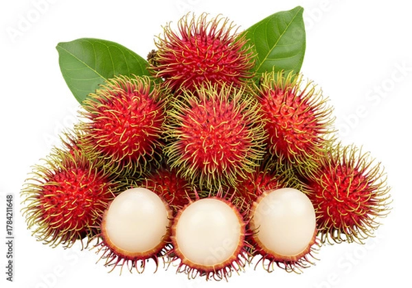 Obraz A pile of vibrant red rambutan fruits with spiky, hairy exteriors, artfully arranged with two fresh green leaves at the back, white background isolated