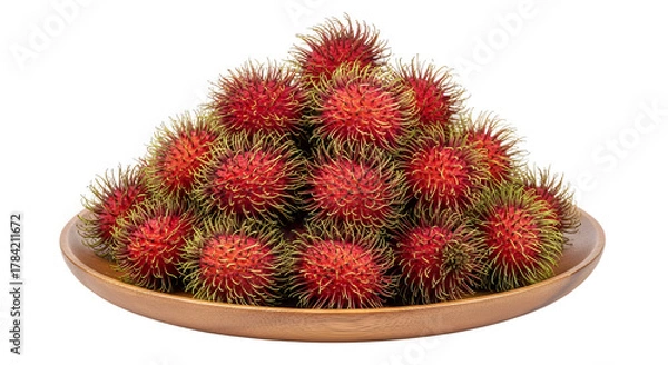 Obraz A freshly rambutan fruits in a wodden oval plate, white background isolated