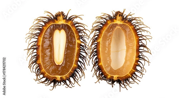 Obraz A rambutan fruit cut precisely in half lengthwise, with both halves laid side-by-side, white background isolated